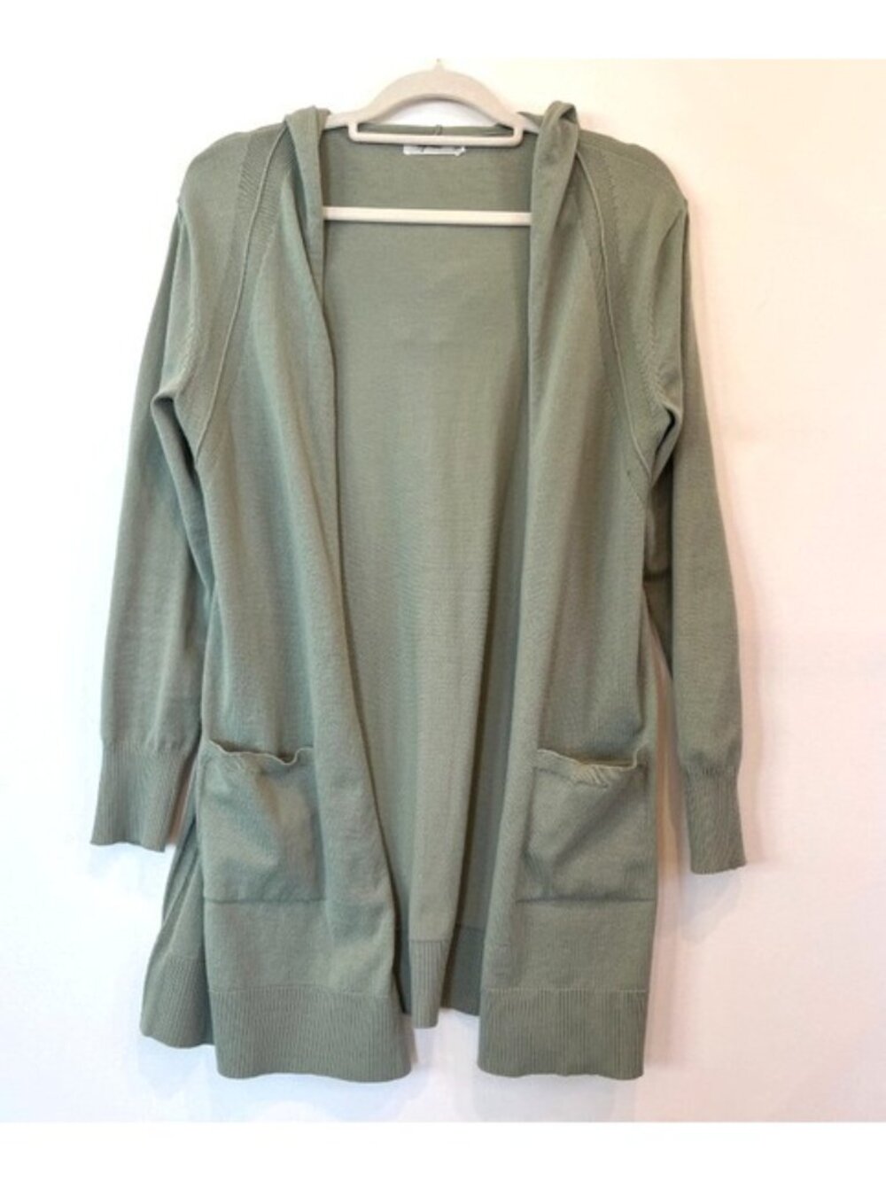 Peyton Primrose Long Open Green Lightweight Cardigan with Hoody Size M Slouchy